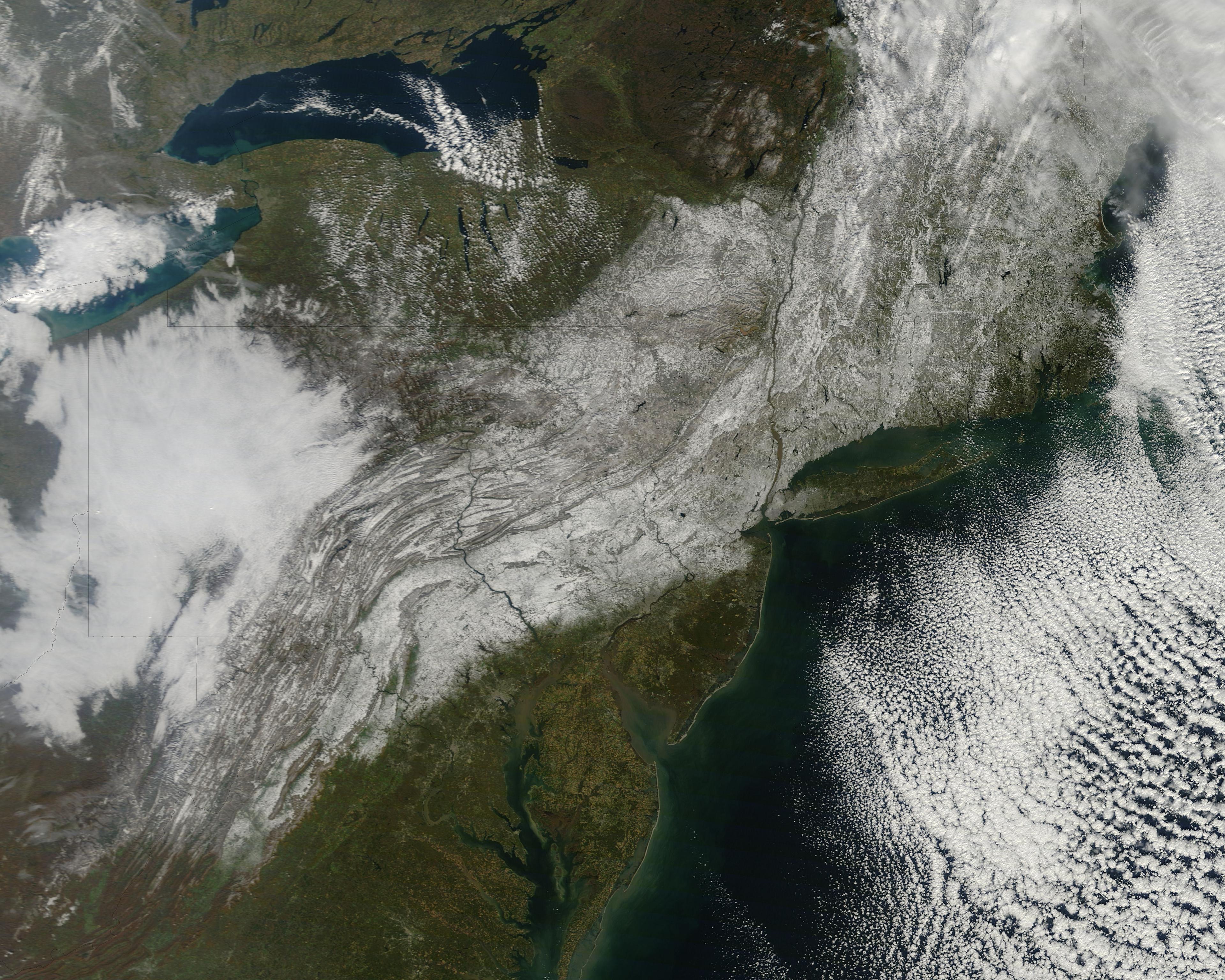 NASA Terra satellite image from November 1, 2011 showing snow cover from the October 29 Halloween nor'easter across western and central Massachusetts — an unprecedented October snowfall with leaves still on trees.