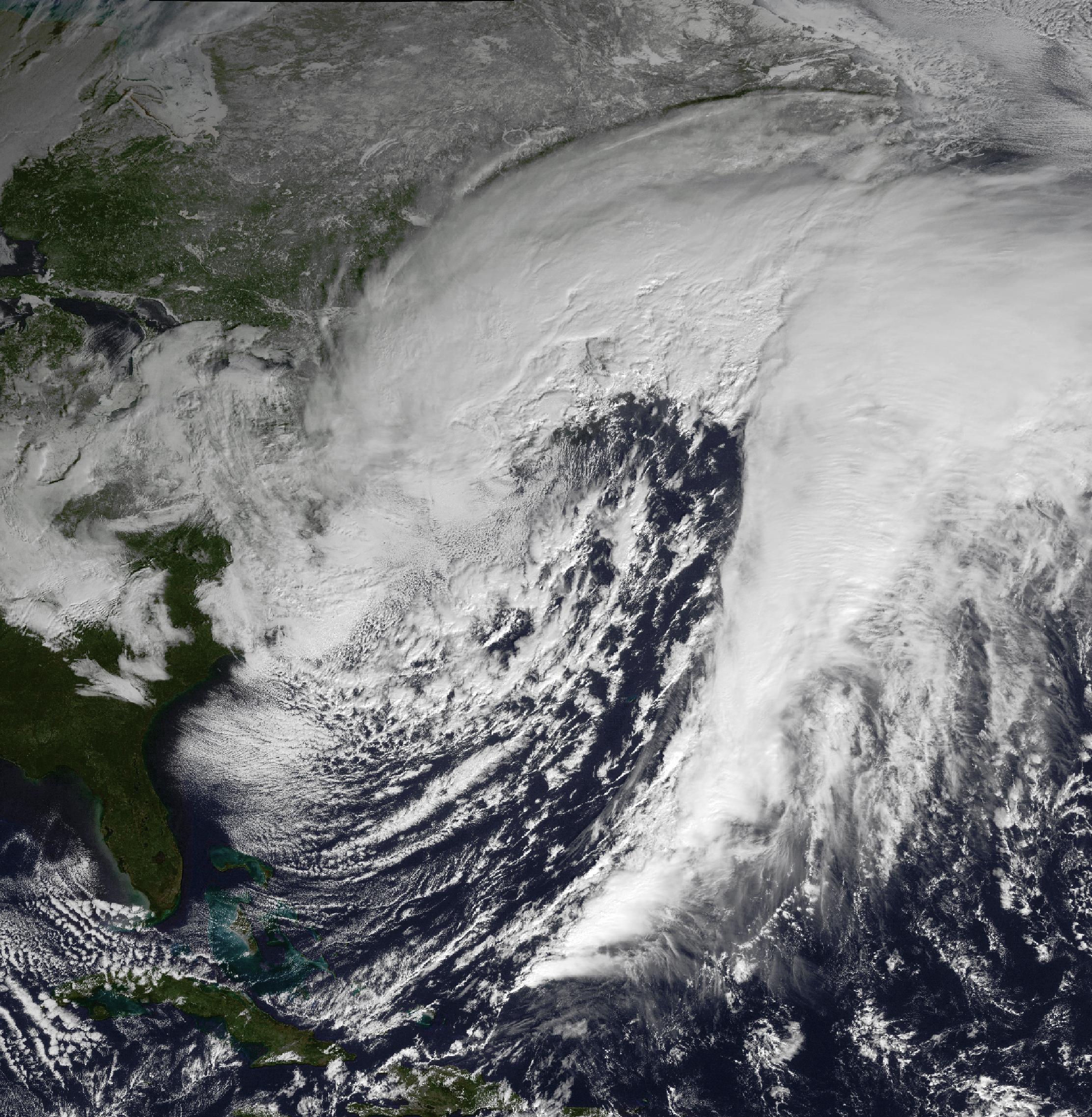 NOAA satellite image of the January 2015 nor'easter at peak intensity on January 27, 2015 — the storm that produced Worcester's all-time single-day snowfall record of 31.9 inches.