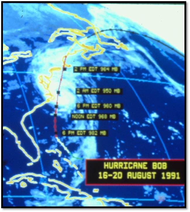 Satellite photograph of Hurricane Bob on August 19, 1991 with NHC track overlay, showing the storm approaching southern New England.